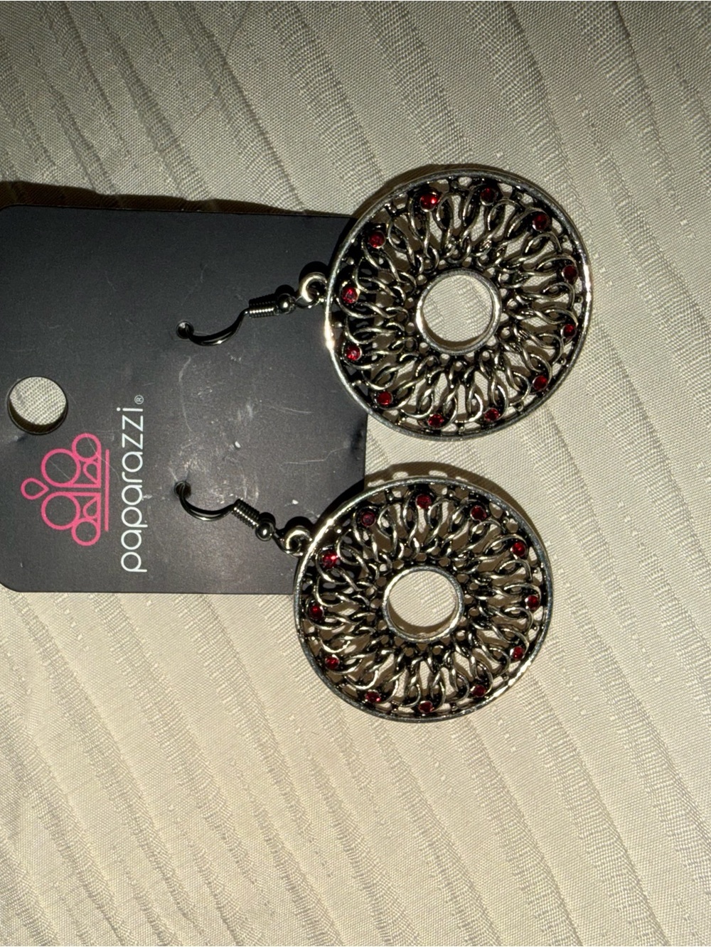 paparazzi Antique Silver-Tone Filigree Donut Earrings with Red Accents